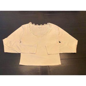 Socialite Long Sleeved Cropped White Lace Trim Scoop Neck Shirt Size S